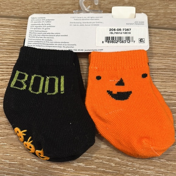 HALLOWEEN Socks by Carter’s 0-6 months with Pumpkin and BOO! No-slip grip bottom - Picture 2 of 2